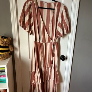 Striped Wrap Dress in Red and Cream